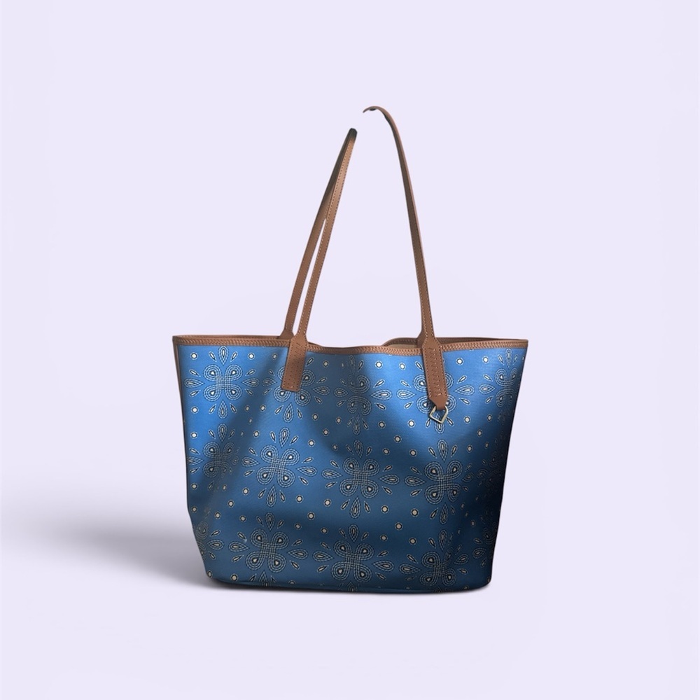 Blue Floral Tote Bag with Brown Straps by HOBO